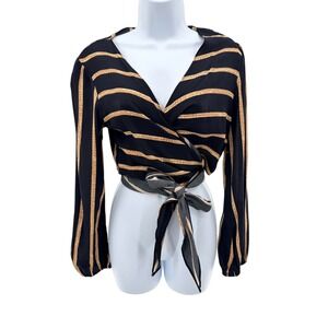 Flynn Skye Black Tan Striped That's a Wrap Crop Top Long Sleeve V-Neck Size L